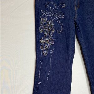 Vintage Y2K Be-Girl Hand Embroidered Beaded Glitter Mid Rise Wide Leg Jeans 14